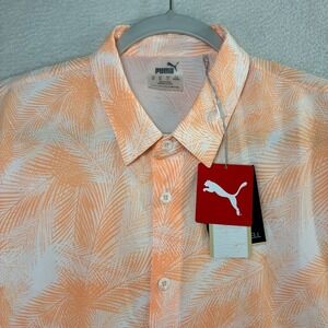 Puma Palms Button Shirt Men M Orange Floral AOP Tropical Golf Performance NWT
